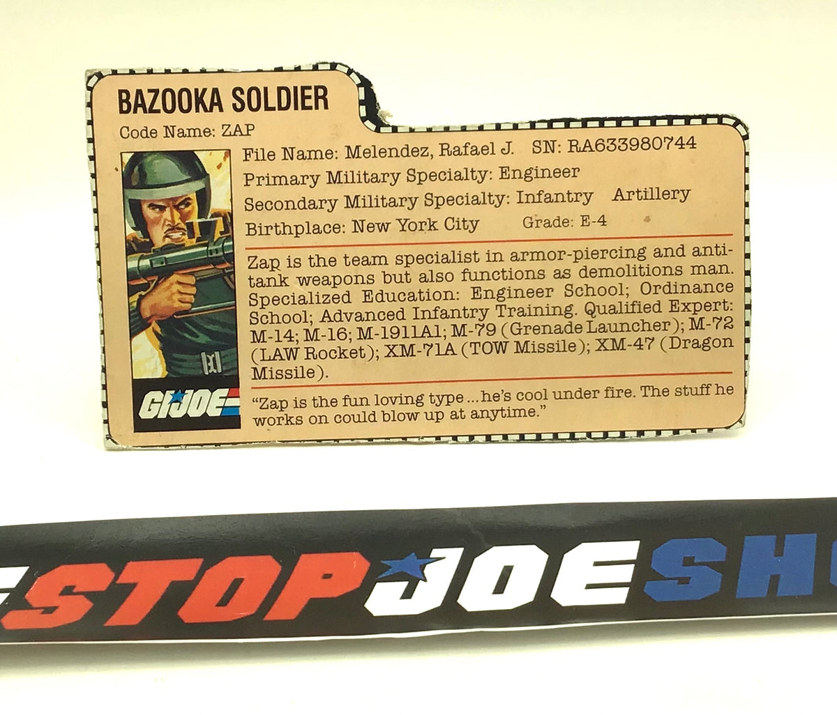 1982 VINTAGE ARAH G.I. JOE ZAP V1 FILE CARD (d) – THE G.I. JOE