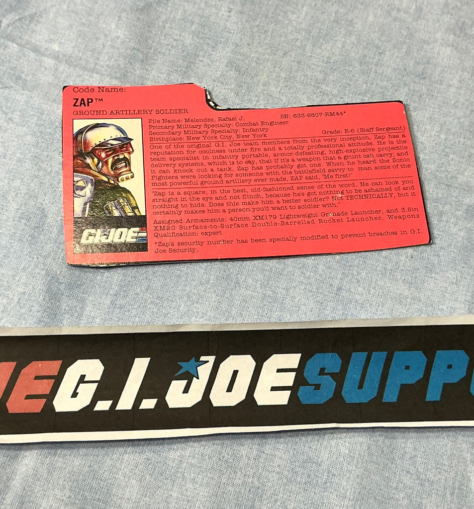 1992 VINTAGE ARAH G.I. JOE ZAP V2 FILE CARD