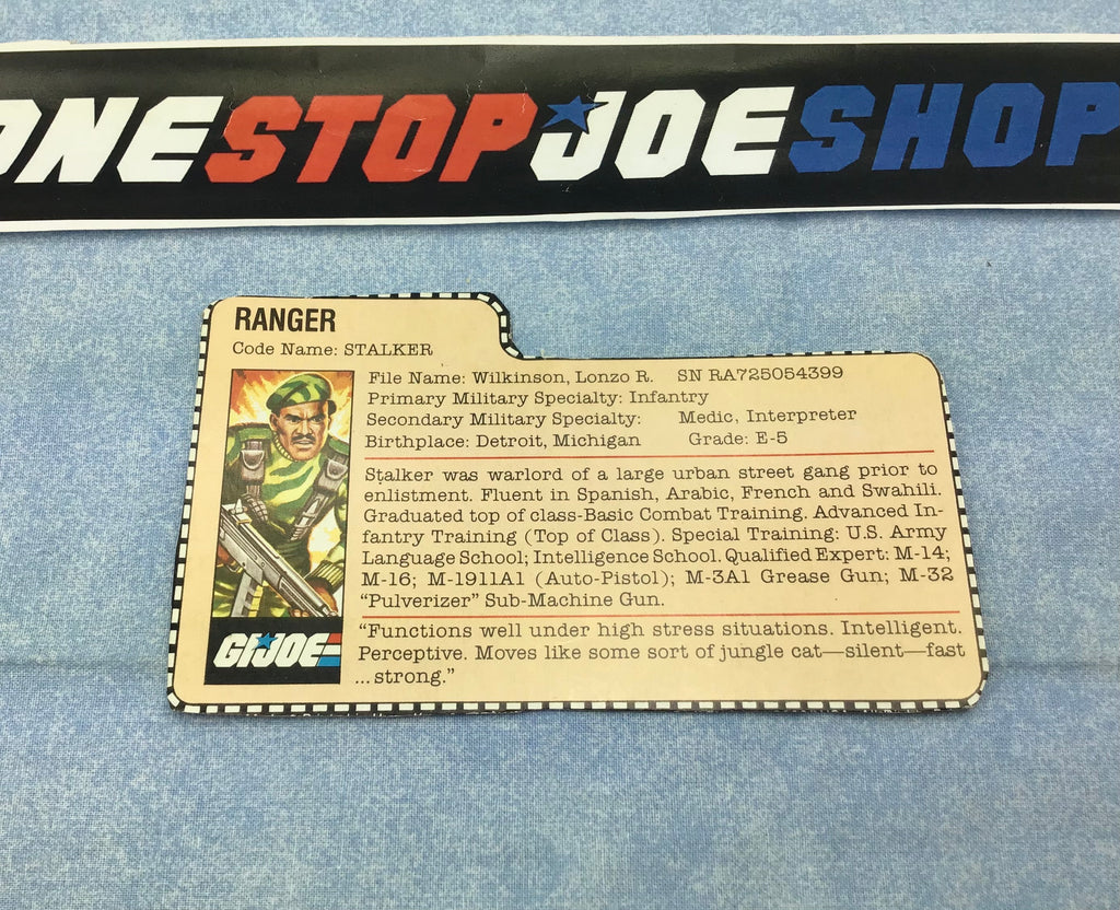 1982-83 VINTAGE ARAH G.I. JOE STALKER V1.5 FILE CARD (e)