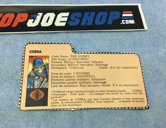 1982 VINTAGE ARAH COBRA TROOPER THE ENEMY V1 FRENCH CANADIAN FILE CARD (a)