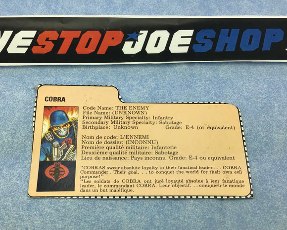 1982 VINTAGE ARAH COBRA TROOPER THE ENEMY V1 FRENCH CANADIAN FILE CARD (b)