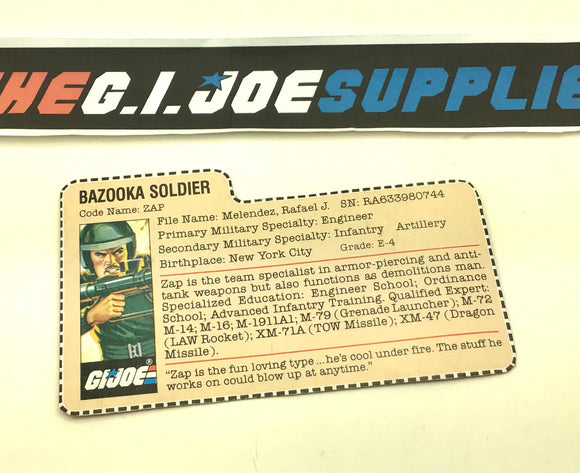 1982 VINTAGE ARAH G.I. JOE ZAP V1 RED BACK FILE CARD