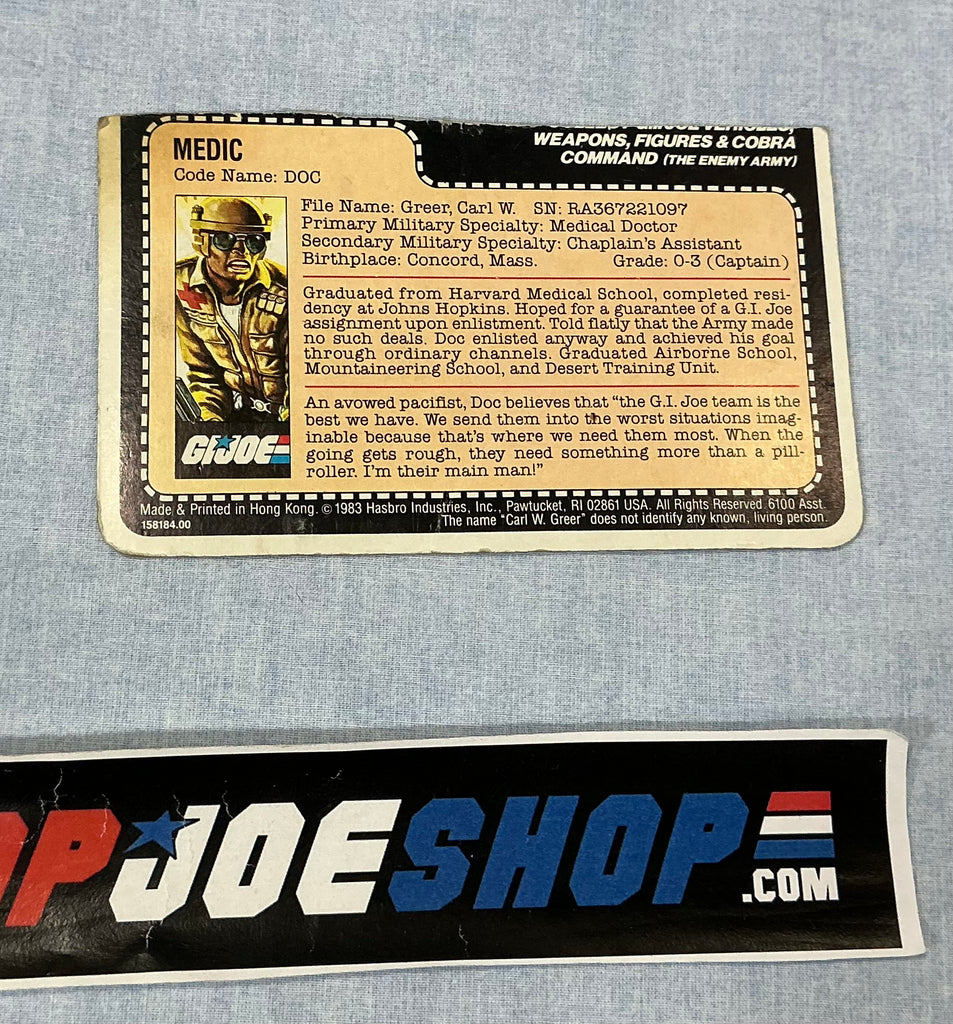1983 VINTAGE ARAH G.I. JOE DOC V1 FILE CARD (l)