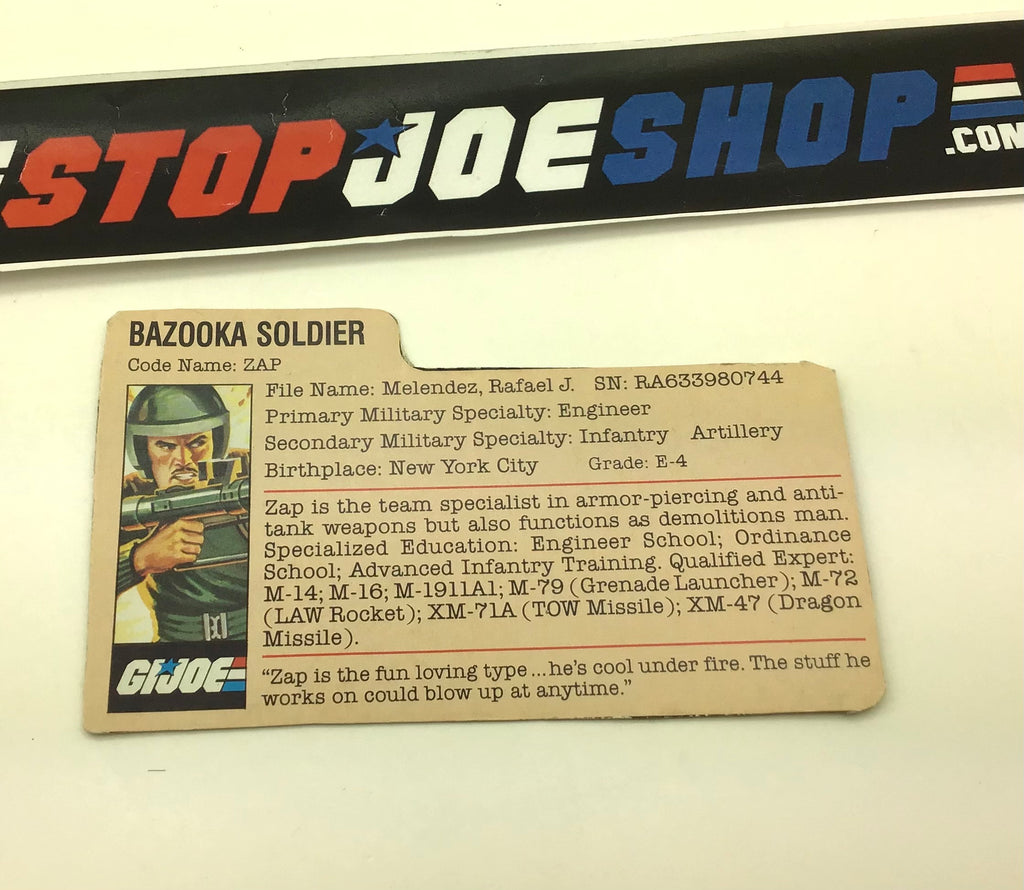 1982-83 VINTAGE ARAH G.I. JOE ZAP V1.5 FILE CARD (d)