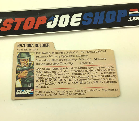 1982-83 VINTAGE ARAH G.I. JOE ZAP V1.5 FILE CARD (d)