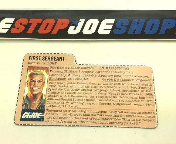 1983 VINTAGE ARAH G.I. JOE DUKE V1 MAIL IN FILE CARD (e)