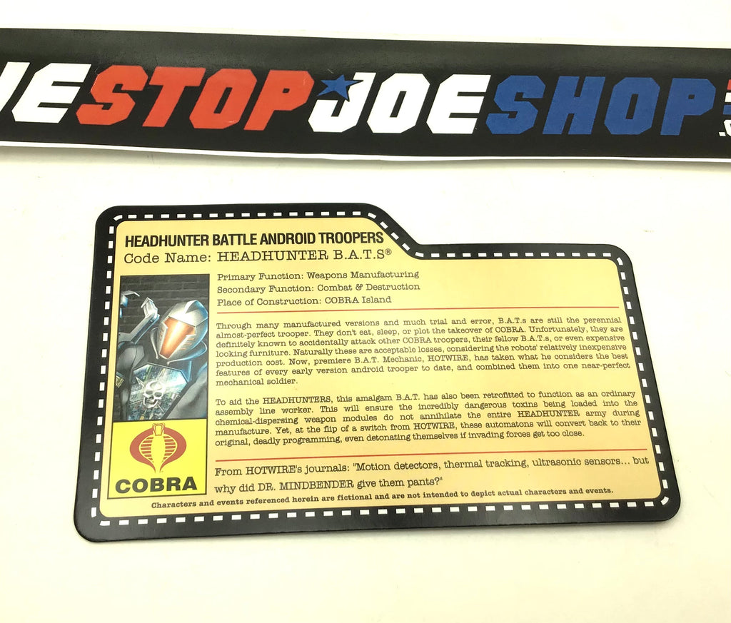 2008 JOECON COBRA HEADHUNTERS B.A.T.S. BAT V1 FILE CARD
