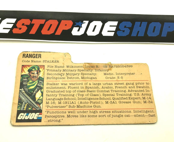 1982 1983 VINTAGE ARAH G.I. JOE STALKER V1.5 FILE CARD (c)