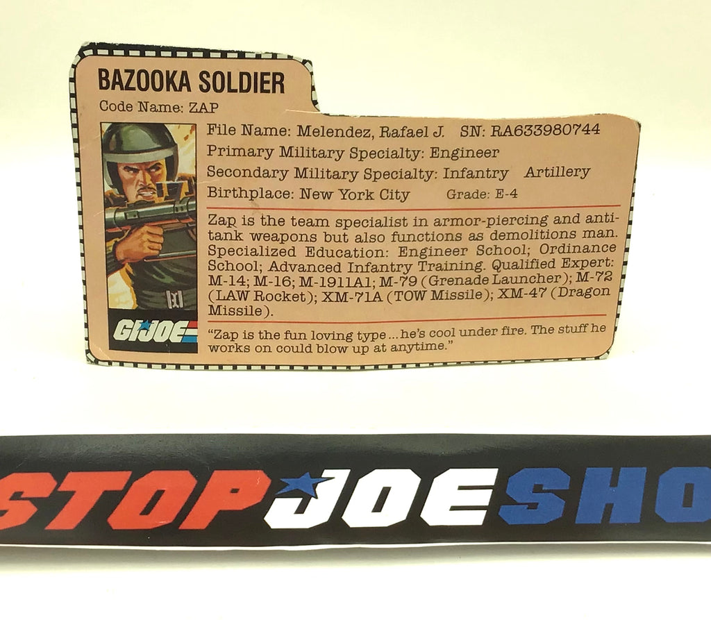 1982 VINTAGE ARAH G.I. JOE ZAP V1 FILE CARD (g)