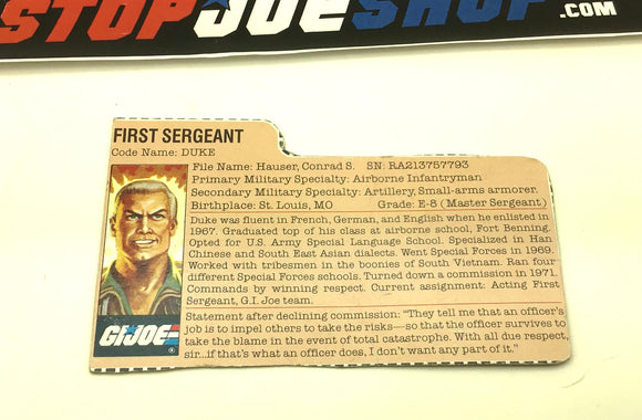 1983 VINTAGE ARAH G.I. JOE DUKE V1 MAIL IN FILE CARD (d)