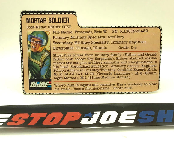 1982 VINTAGE ARAH G.I. JOE SHORT-FUZE V1 FILE CARD (g)