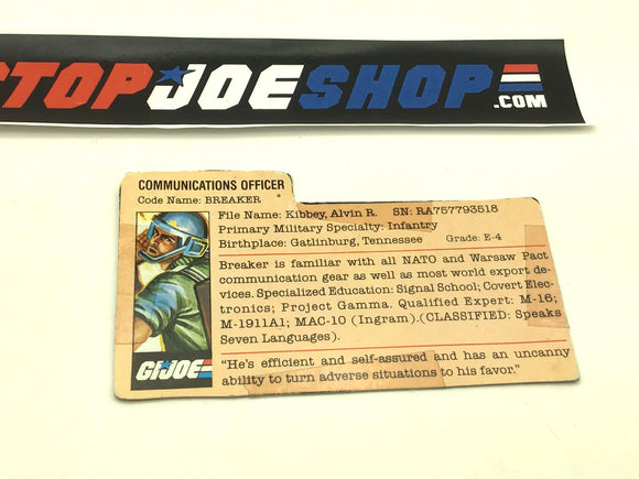 1982 VINTAGE ARAH G.I. JOE BREAKER V1 FILE CARD (d)
