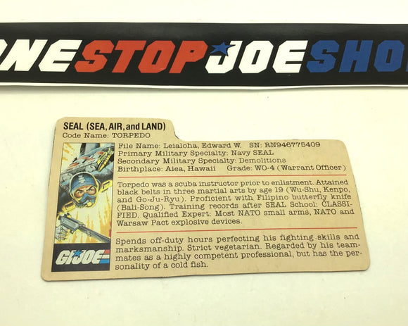 1983 VINTAGE ARAH G.I. JOE TORPEDO V1 FILE CARD (e)