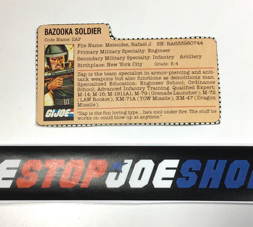 1982 VINTAGE ARAH G.I. JOE ZAP V1 FILE CARD (a)